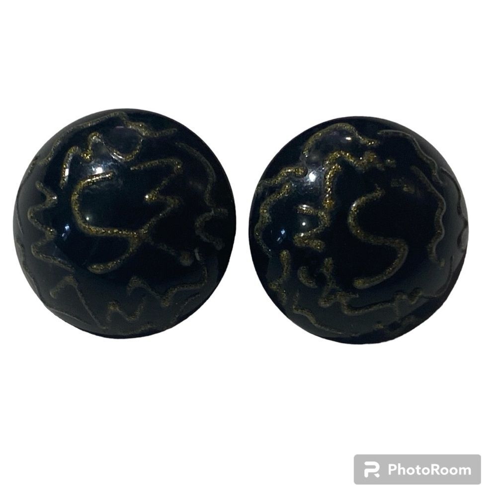 Vintage Jet Black Lucite Domed Round Button Earrings